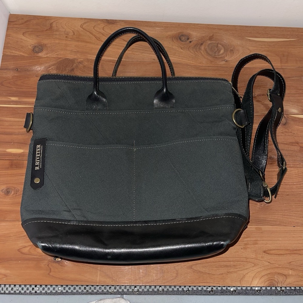 R. Riveter Otto Dark Grey Black Leather Bag Double Handle Crossbody Strap